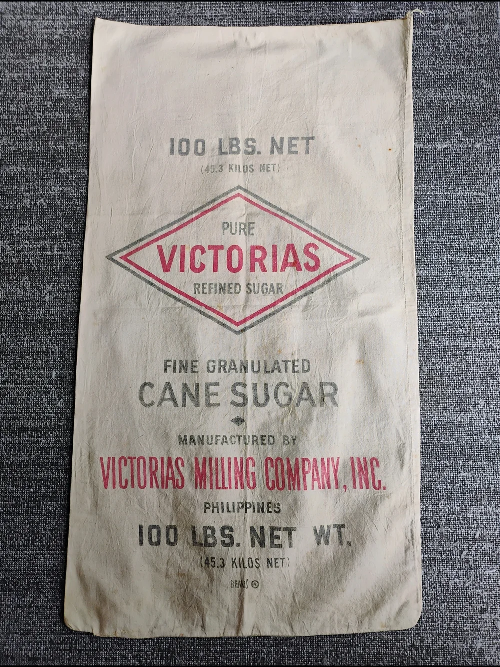 Vintage Victorias Pure Refined Sugar 100 lb woven fabric sack bag Philippines